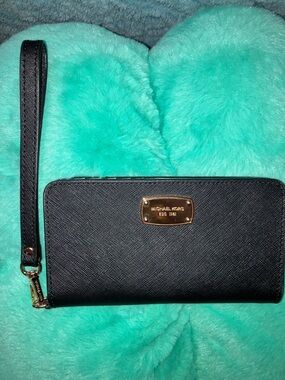 Michael Kors Black Zip-Around Wristlet Wallet with Gold Plate 6.5” X 3.5”